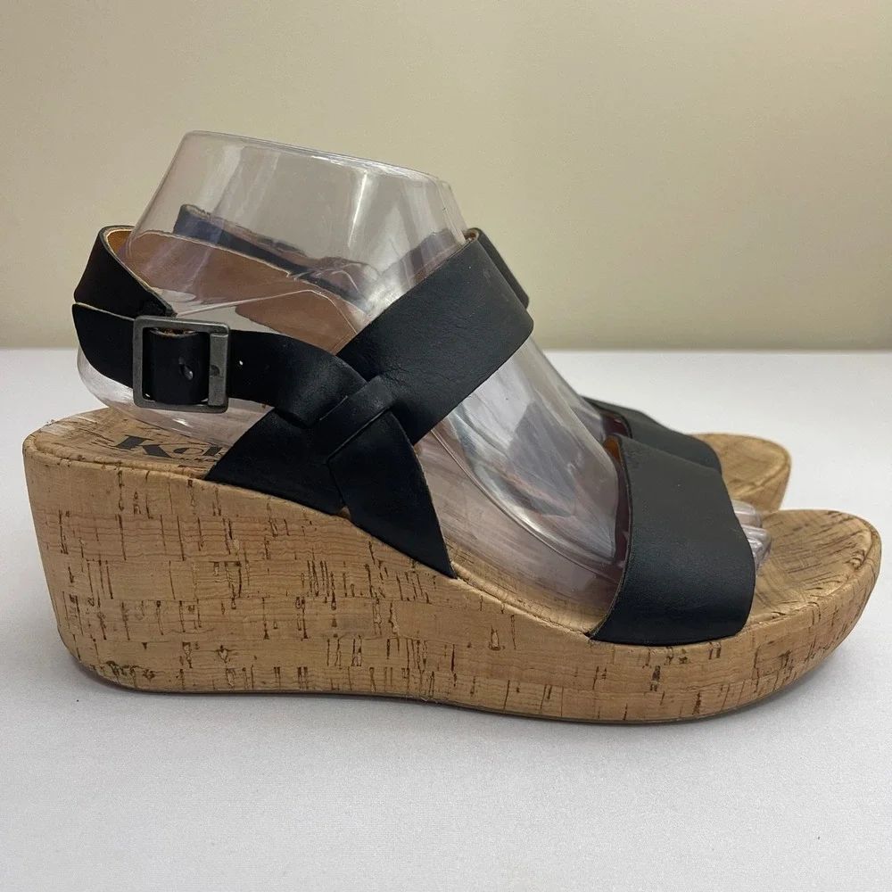 Korks Kork Ease Austin Platform Wedge Sandals Black Leather Ankle Strap Size 9 - Picture 1 of 9